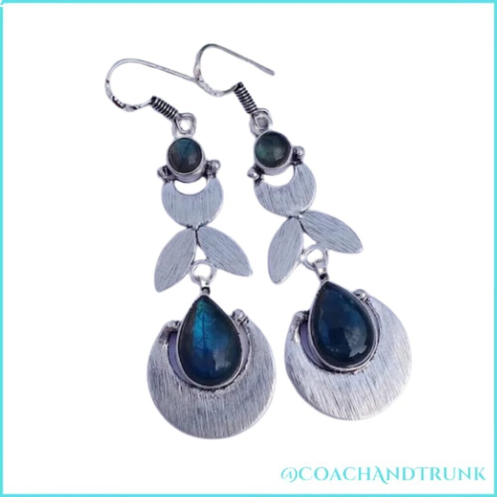 ARTISIAN Labradorite Larimar Natural Stones Silver French Hook Earrings - Picture 3 of 6